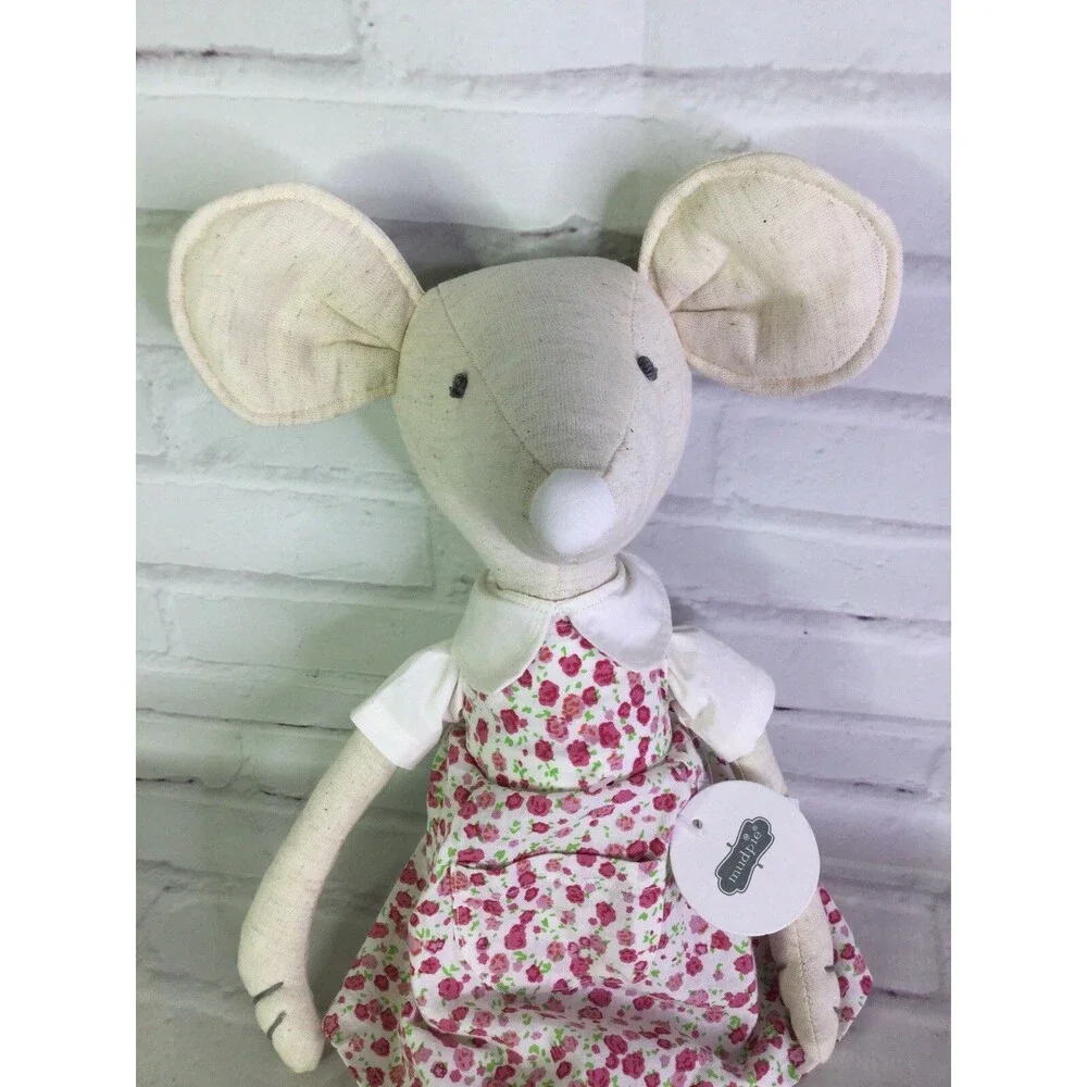 Mud Pie Whimsical Mouse Girl Plush Stuffed Animal Doll With Pink Floral Dress